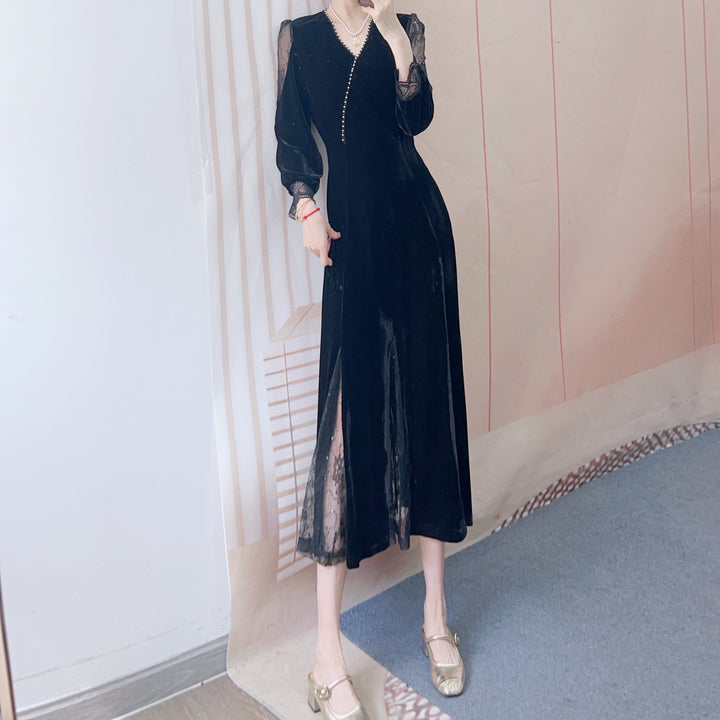 Dame Elegant Maxikjole med transparente ærmer og perlelukning Stilla