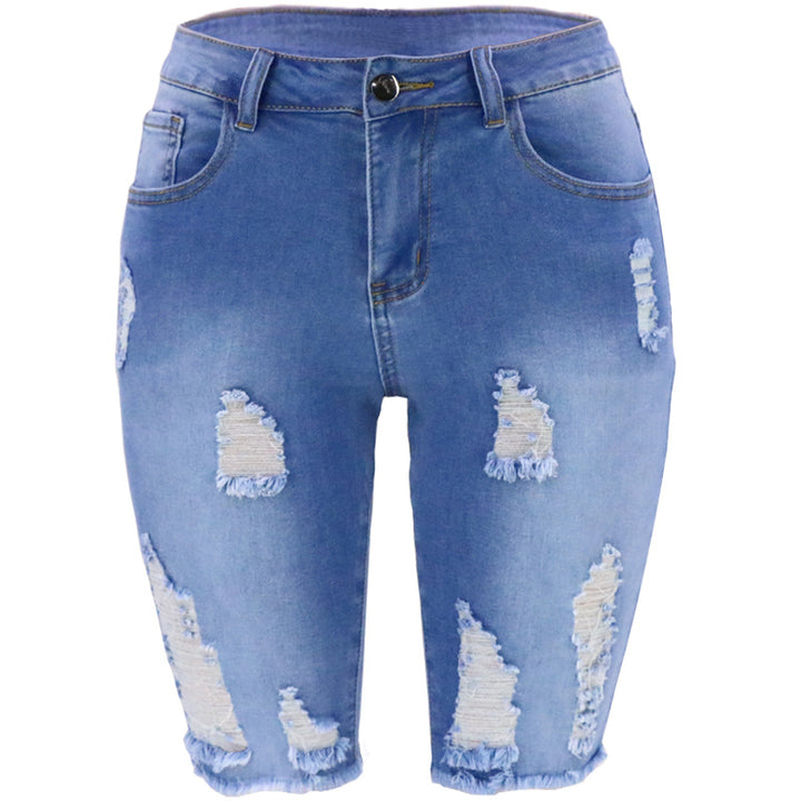 Kvinder Højt skårne Destroyed Denim-short med frynset kant Stilla