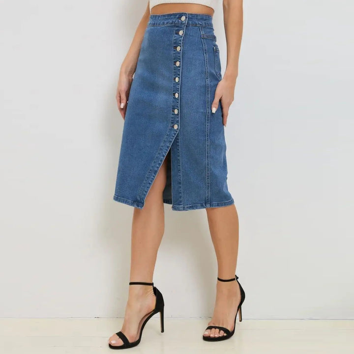 Dame Denim-Midi nederdel med knaplukning og høj talje Stilla