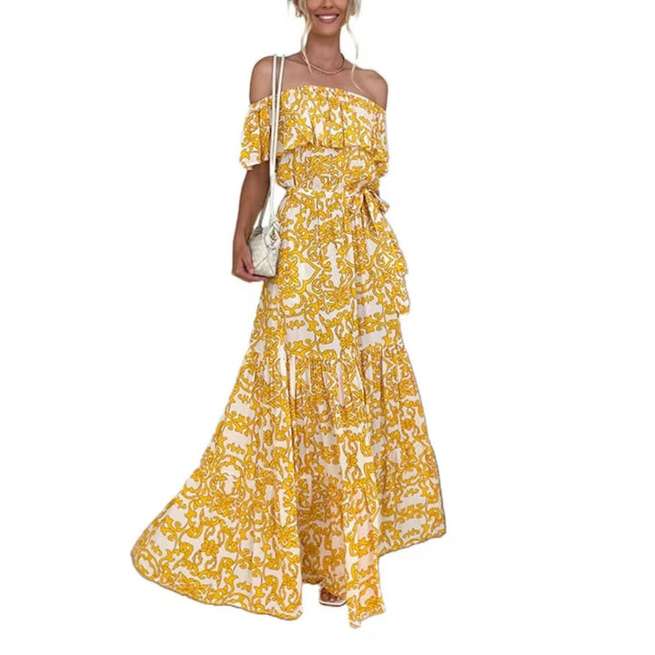Dame Off-Shoulder Maxikjole med blomstertryk og elastisk taljebælte Stilla