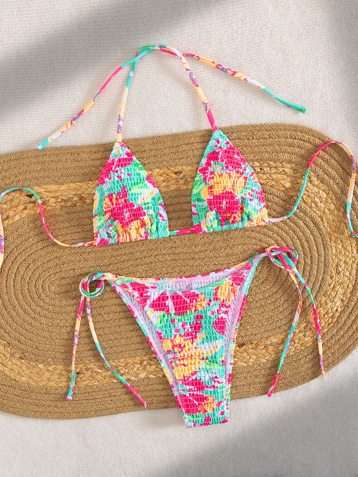 Dame trekant-bikini med farverigt blomsterprint og justerbar snor
