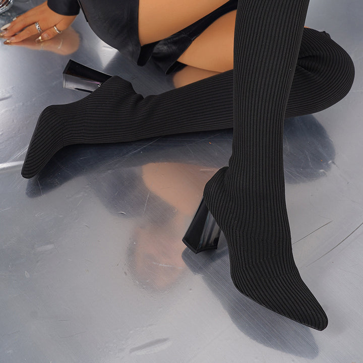 Damer Overkneestøvler med elegant ribmateriale og blokhæl Stilla