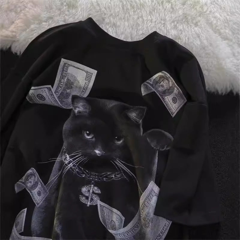 Dame T-shirt med kreativt kattemotiv og eksklusivt penge-design Stilla