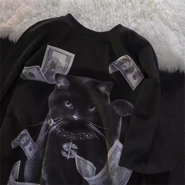Dame T-shirt med kreativt kattemotiv og eksklusivt penge-design Stilla