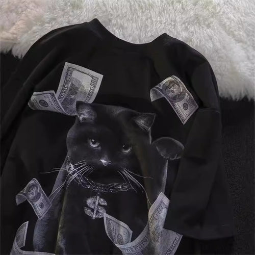 Dame T-shirt med kreativt kattemotiv og eksklusivt penge-design Stilla