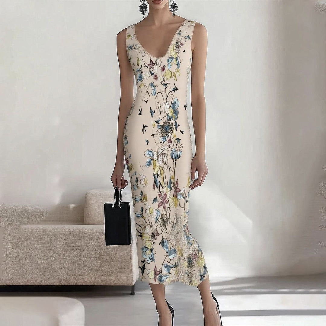 Dame V-Udskæring Ærmeløs Blomster Bodycon Kjole Stilla