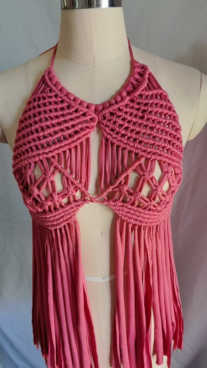 Dame Makramee Top i Boho-stil med frynser Stilla