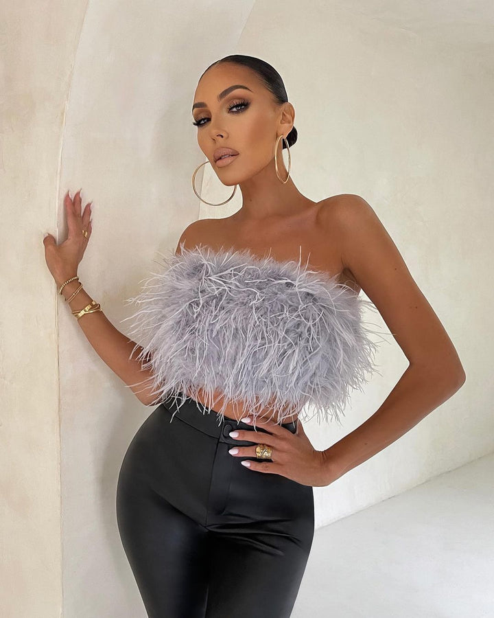 Dame Trendy Cropped Top med Fjer Stilla