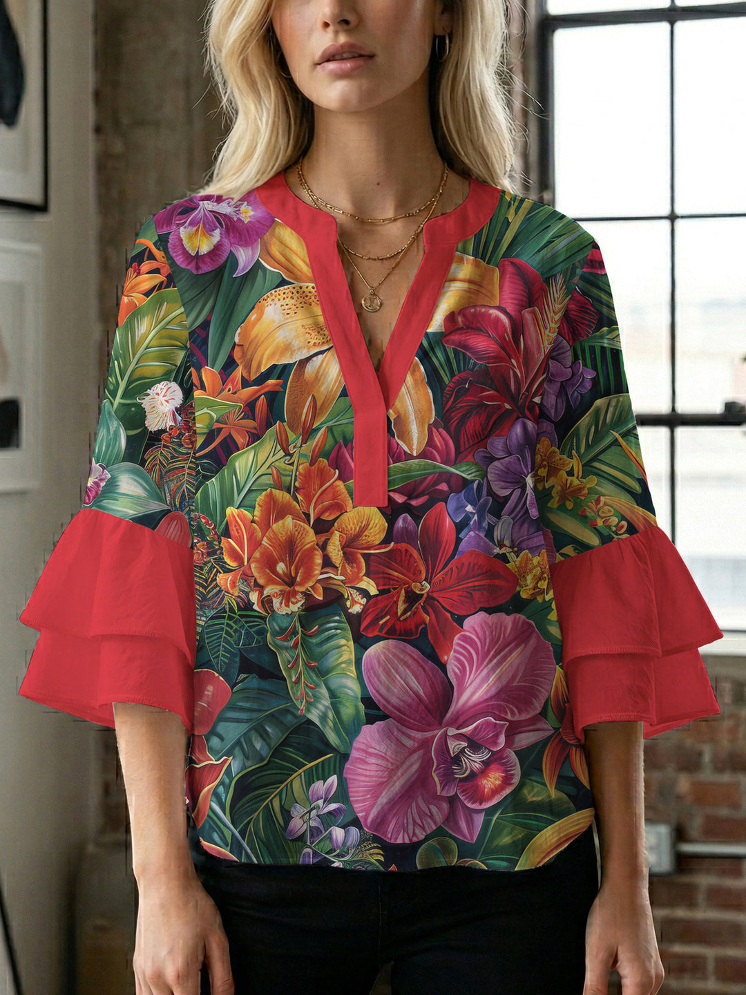 Damebluse med voluminøse flæseærmer og blomstermønster Skovae
