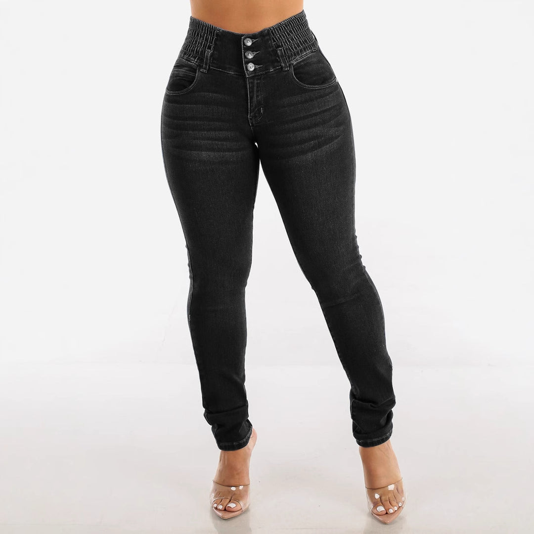 Dame Højtaljede Skinny Jeans med elastisk talje og knapdetaljer Stilla