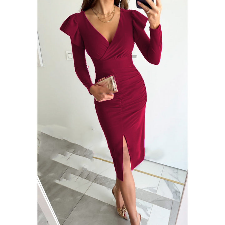 Femme Elegante Raffung Midi Kjole med Rysjer Stilla