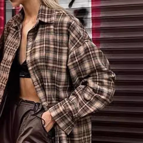 Femme Casual Oversized Ternet Flannel Skjorte Stilla