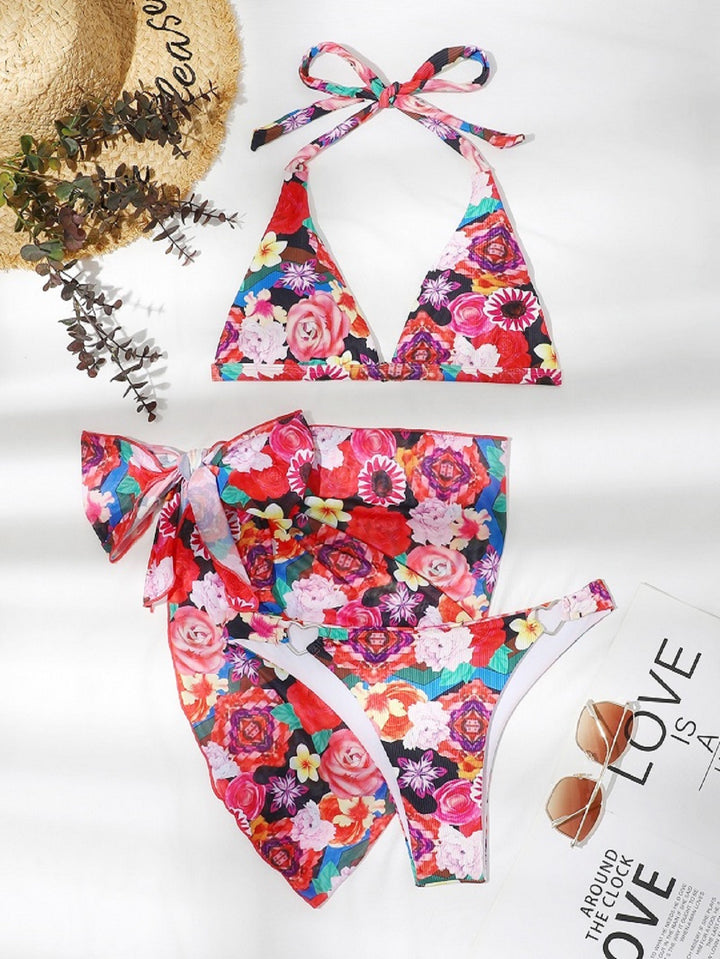Dame trekant-bikini-sæt med blomsterdesign og legende bindingsdetaljer Stilla