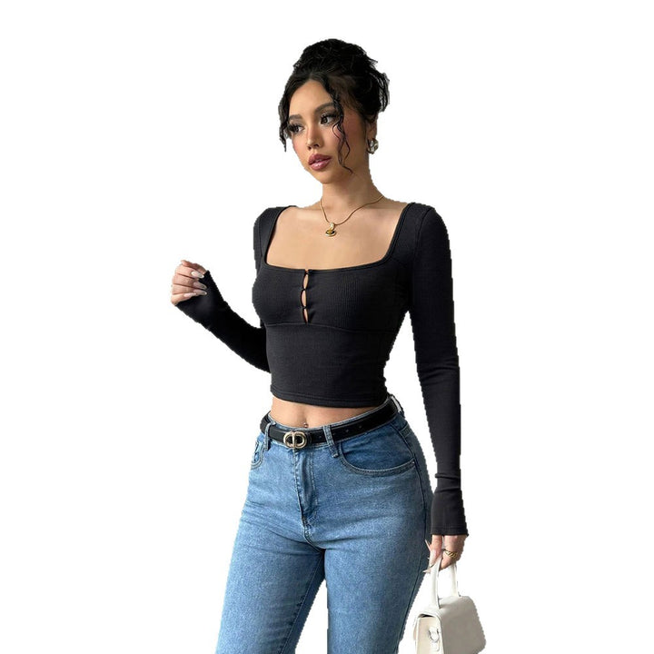Kvindernes langærmede crop top med elegant knapdekoreret front Stilla