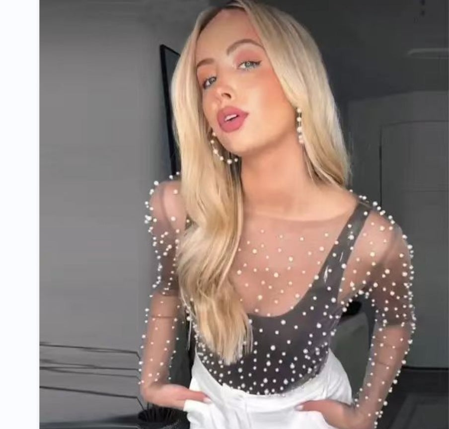 Damer transparent tyl bluse med perleudsmykning Stilla