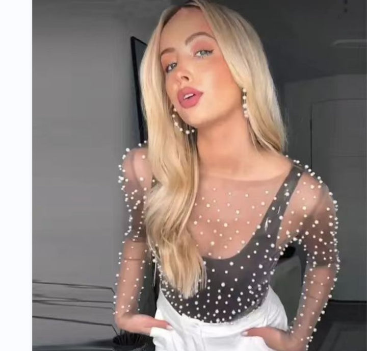 Damer transparent tyl bluse med perleudsmykning Stilla