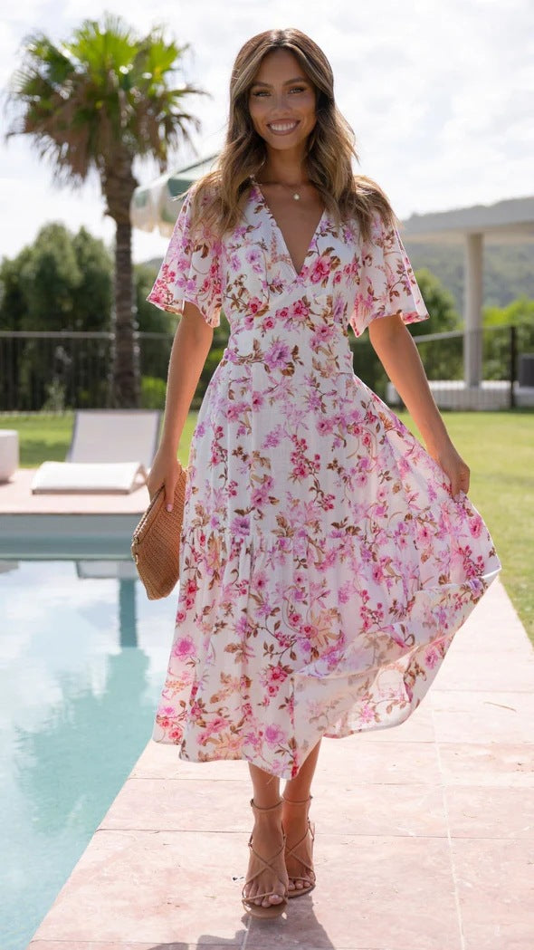 Femme Floral Maxi Kjole med flatterende Vavdesign Stilla