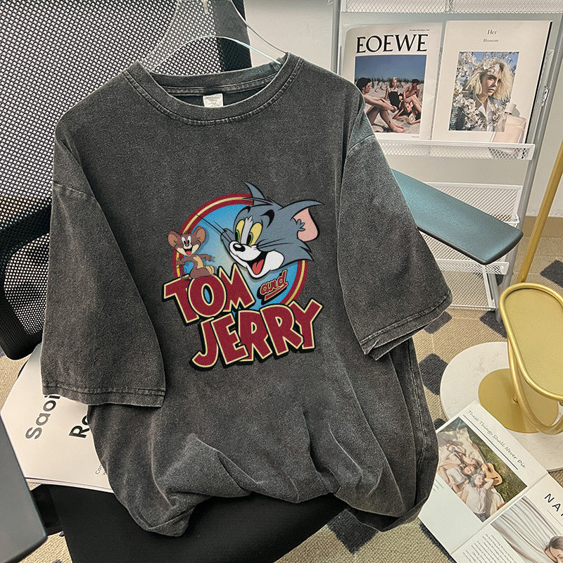 Dame T-shirt med kunstnerisk Tom og Jerry tryk og afslappet snit Stilla