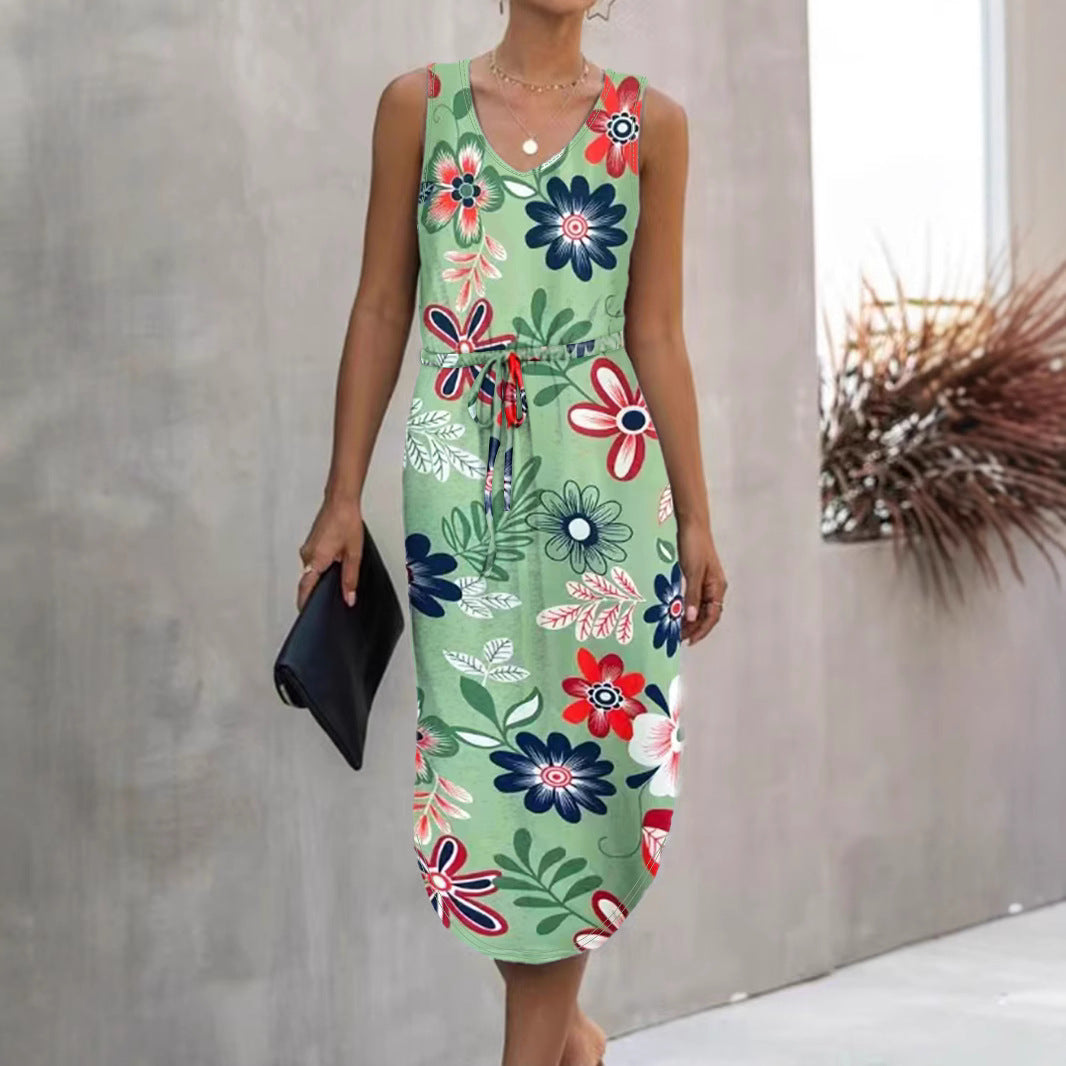 Dame blomsterprint midi kjole med justerbar talje Stilla