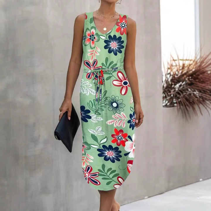 Dame blomsterprint midi kjole med justerbar talje Stilla
