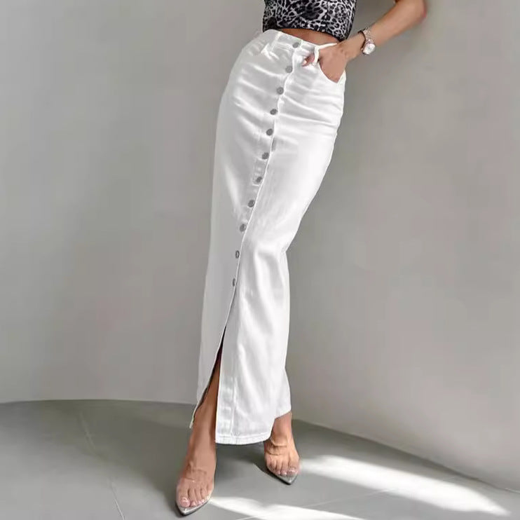 Dame lang denimnederdel med knapdetaljer og elegant deling Stilla