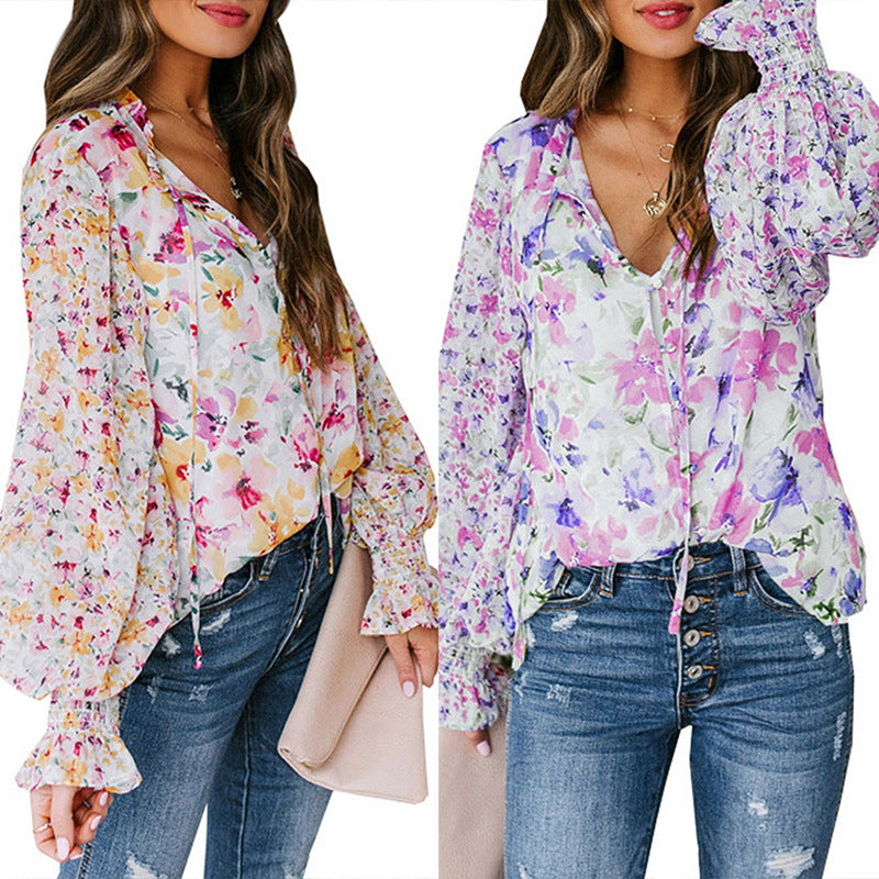 Damer Blomster mønster blouse top med brede ærmer Stilla