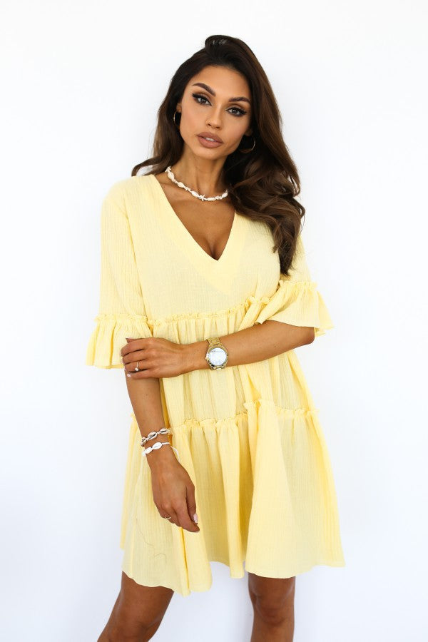 Ladies wrap dress with voluminous ruffle details and V-neck Skovae