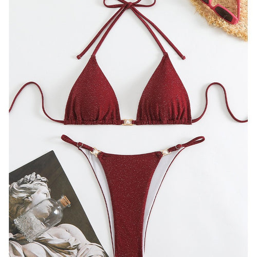 Dame Triangel-Bikini med funklende overflade og justerbare stropper Stilla