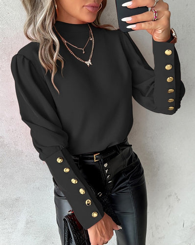 Damer elegant bluse med højhalset krave og gyldne knapper Stilla