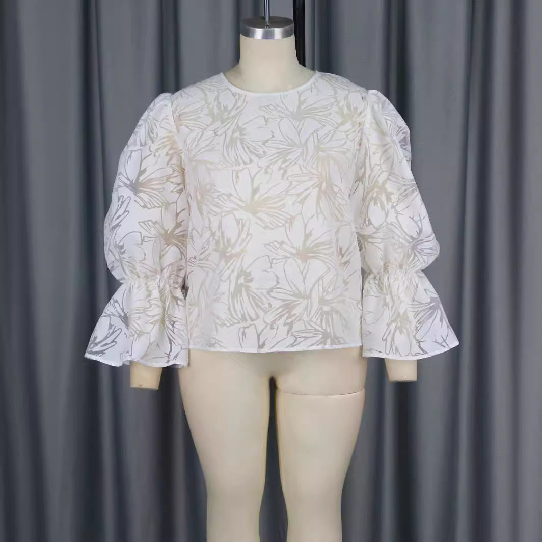 Damer Elegant Bluse med voluminøse ærmer og blomstermotiv Skovae