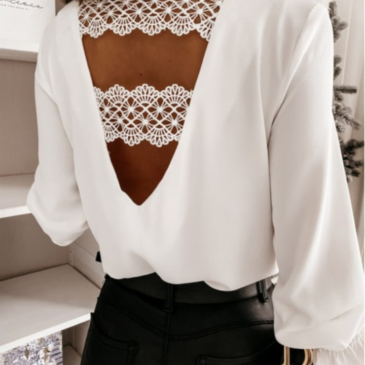 Dame elegant V-hals bluse med pufærmer Stilla