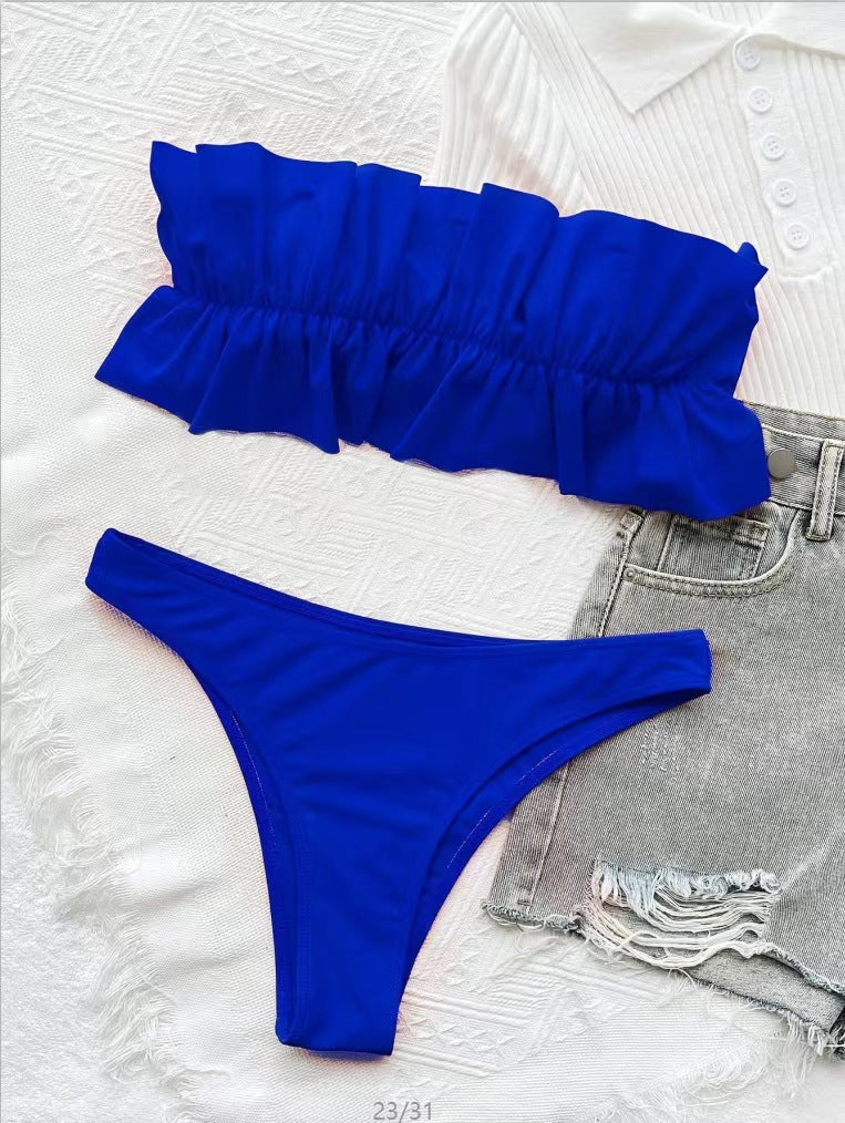 Dame Bandeau-bikini-sæt med elegant flæse-design og høj benudskæring Stilla