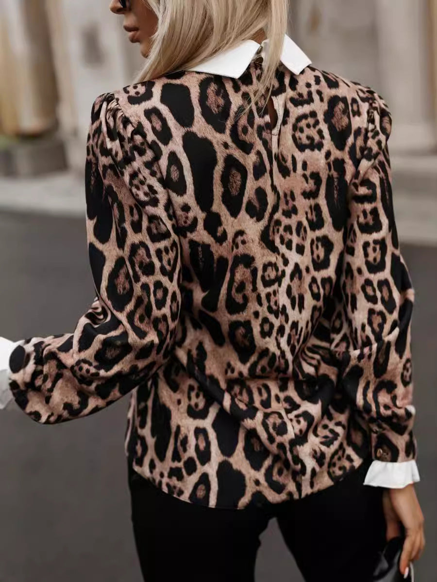 Dame Elegante Bluse med leopardmønster og krave Stilla