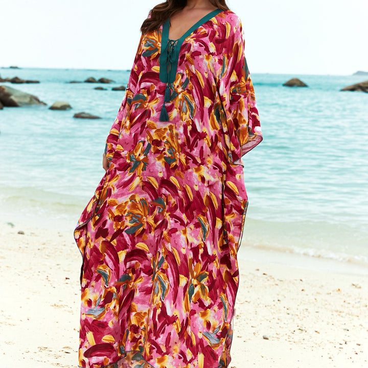 Dame Strandkaftan med florale mønstre og dyb V-udskæring Stilla