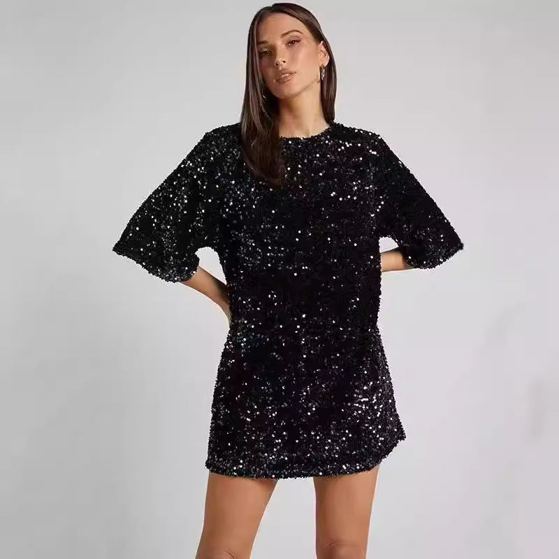 Dame Glamourøs Minikjole med glitrende pailletter og oversized ærmer Stilla
