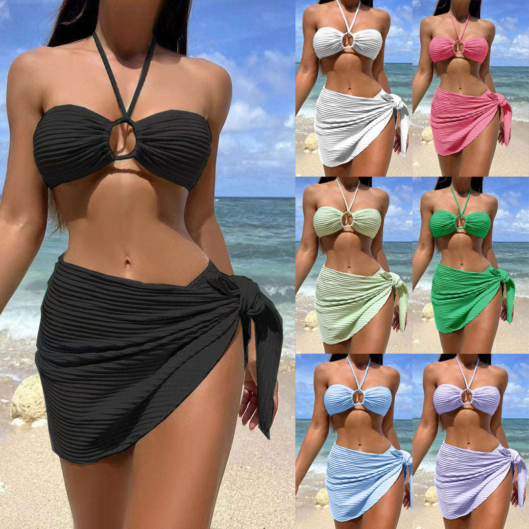 Dame Rib-Bandeau-Bikini-Sæt med flydende indpakningsnederdel Stilla