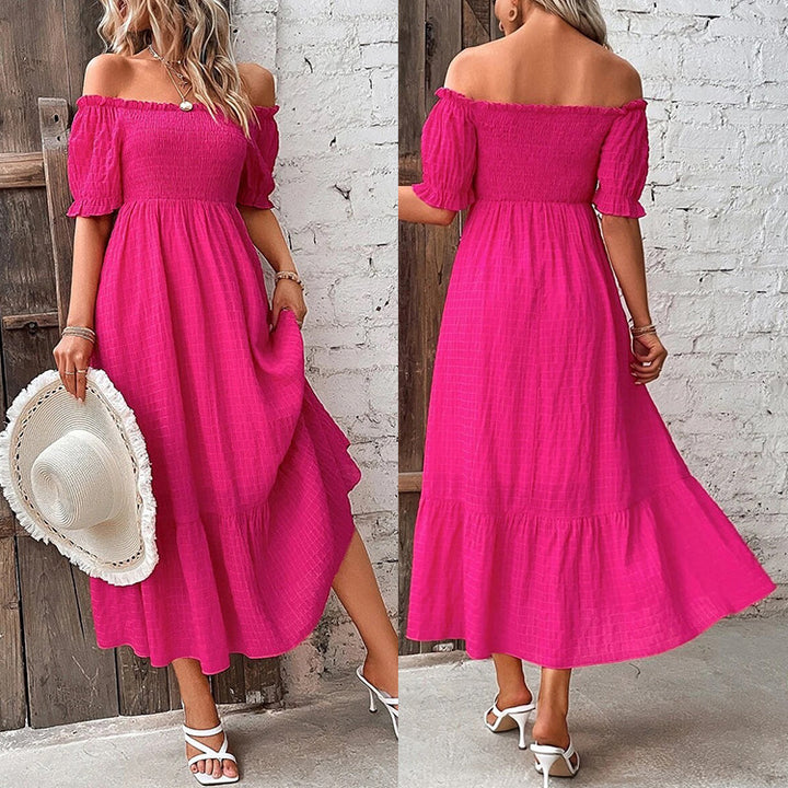 Dame Off-Shoulder Maxikjole med flæsedetaljer og elastisk taljebånd Stilla