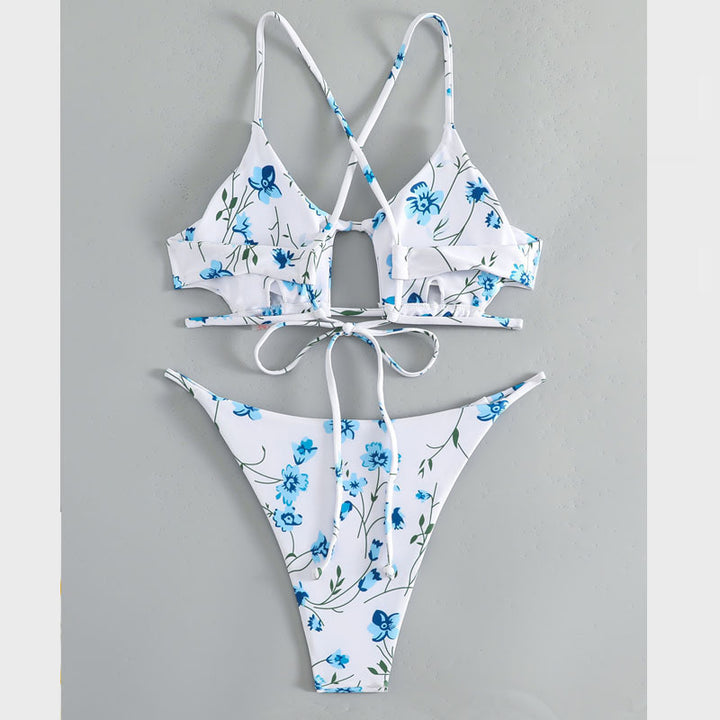 Dame triangel-bikini med blomsterdesign og justerbare stropper Skovae