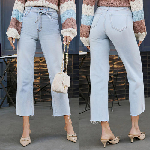 Dame Højtskårne Straight-Leg Jeans med frynsede kanter og bælte Stilla