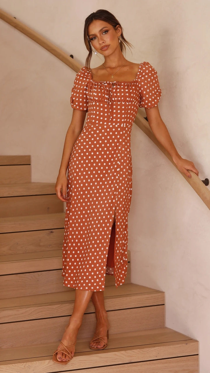 Femme Elegante Polka Dot Midi Kjole med Puffærmer Stilla