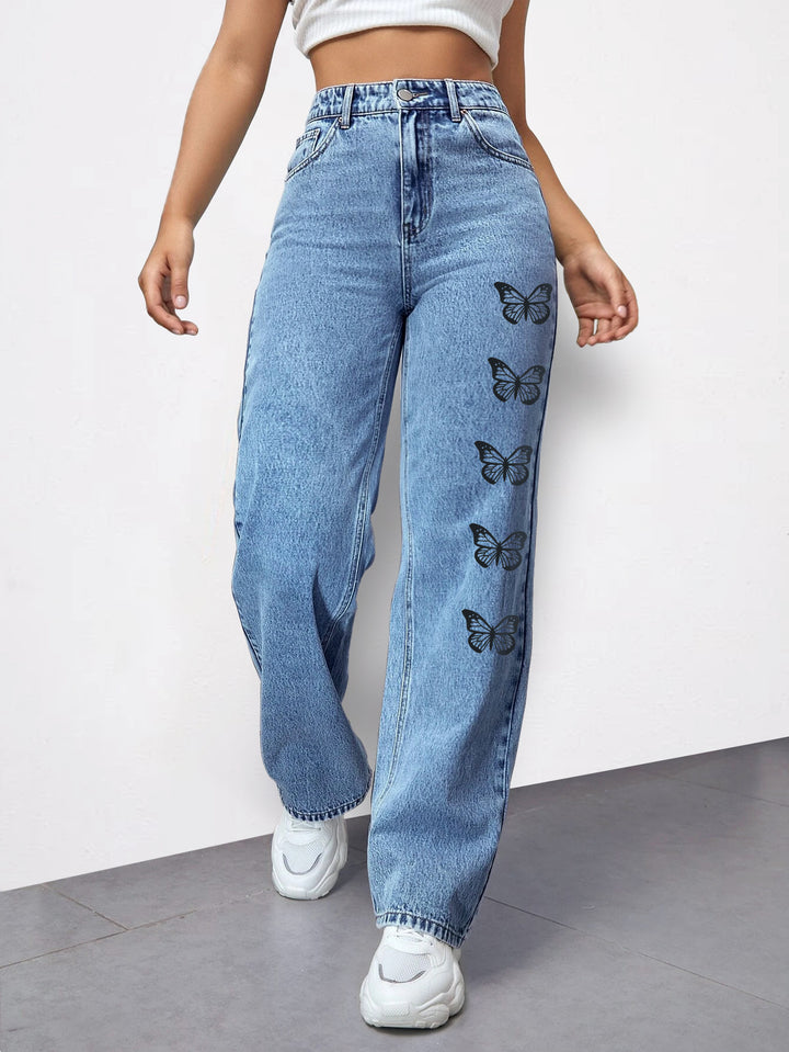 Dame bred denim-bukser med legende sommerfuglemotiver Stilla