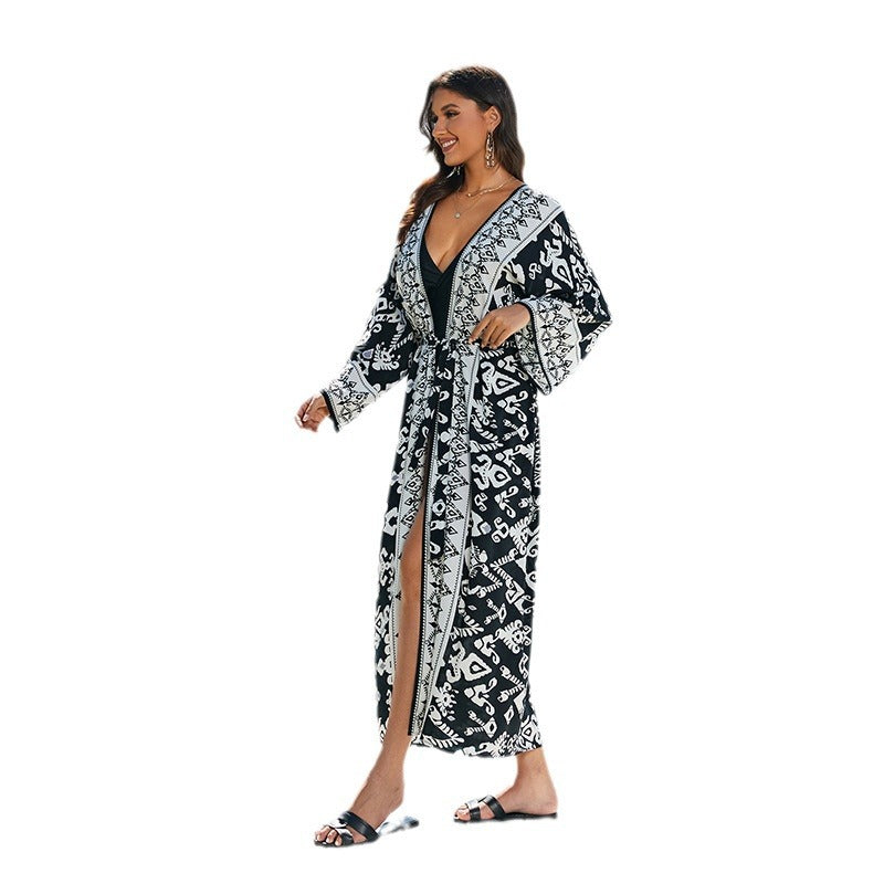 Dame Strandkimono med elegant, detaljeret mønstermix og lang pasform Stilla
