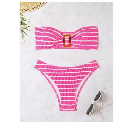 Dame stribet bandeau-bikini-sæt med dekorativ spænde Stilla
