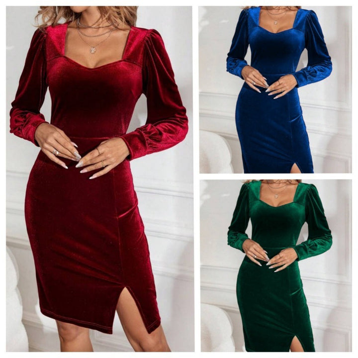 Femme Velvet Bodycon Kjole med Puffærmer og Sideslids Stilla