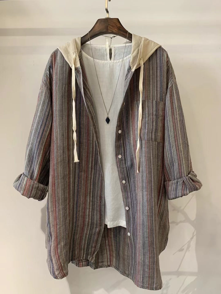 Femme Stribet Overdimensioneret Button-Up Skjorte med Hætte Stilla