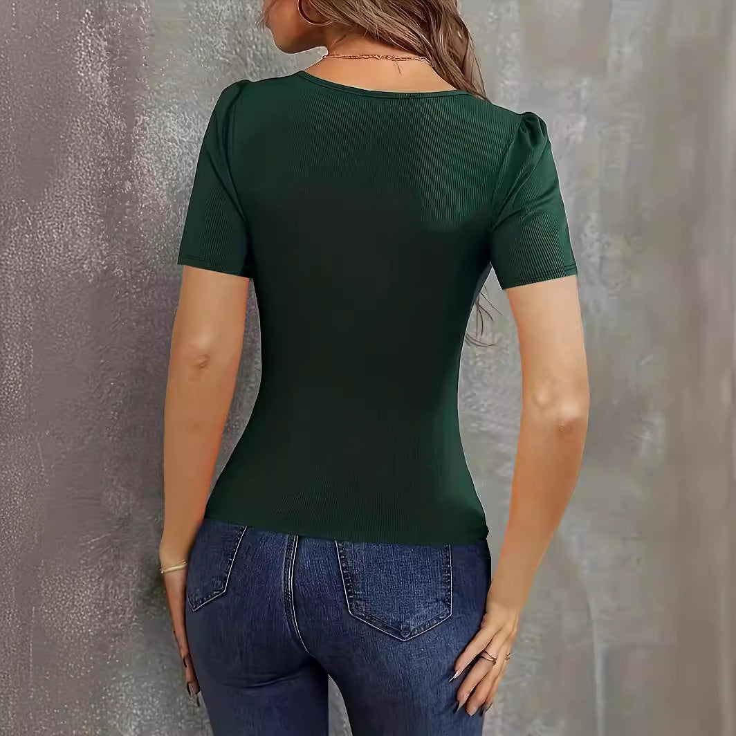 Dame tætsiddende bodysuit med dyb V-udskæring og korte ærmer Stilla