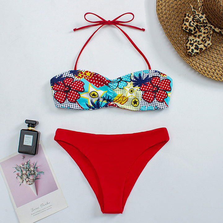 Dame bandeau-bikini med blomsterdesign og skridsikker design Skovae