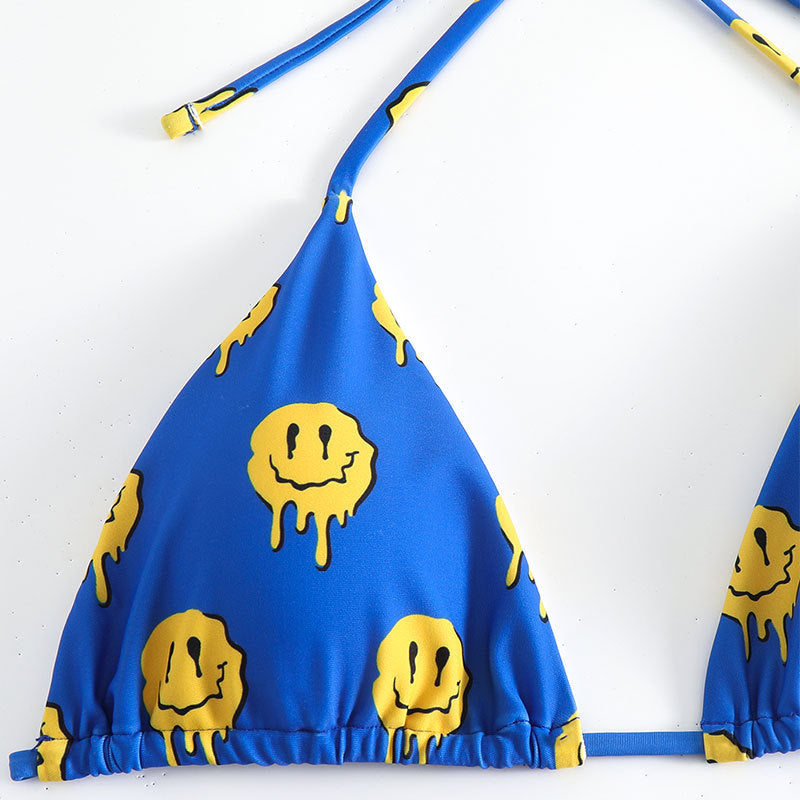 Dame Triangel-Bikini med glædeligt smiley-mønster og justerbare bindebånd Skovae