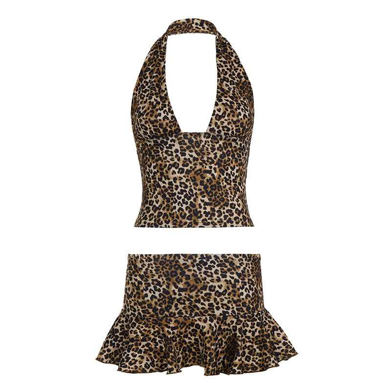 Damen Badeanzug Set mit Leopardenmuster und verführerischer Rüsche Skovae