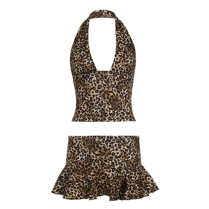 Damen Badeanzug Set mit Leopardenmuster und verführerischer Rüsche Skovae